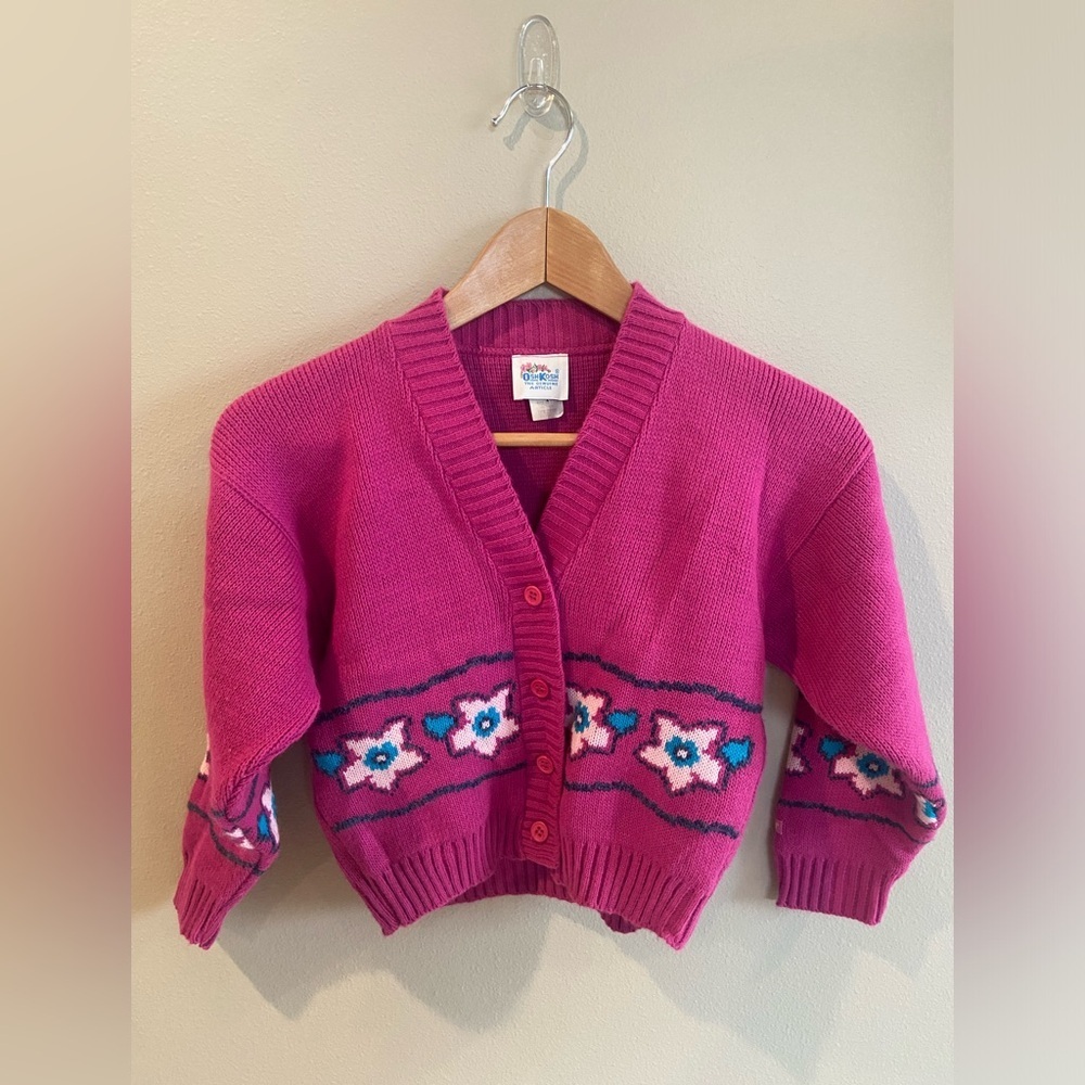 Vintage OshKosh B'gosh Fuchsia Pink Floral Knit Cardigan